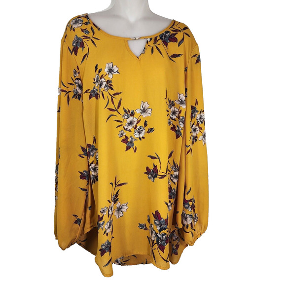 Torrid Womens Top Size 3X Yellow Floral Georgette Keyhole Blouse Long Sleeve - Picture 1 of 9